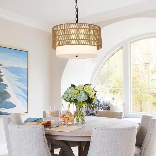 Boho Rattan Chandelier – Handwoven 5-Light Dining Pendant