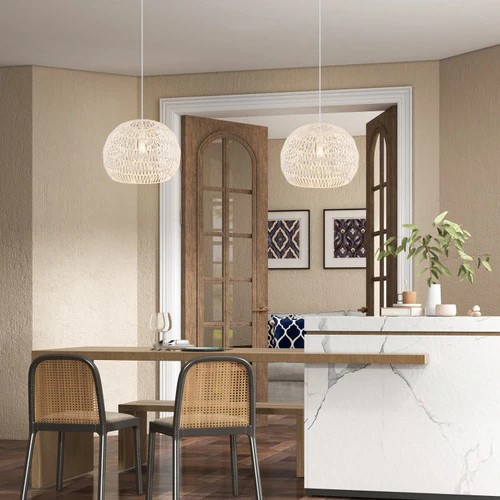 Round Farmhouse Rattan Pendant Light with Adjustable Hanging Rope
